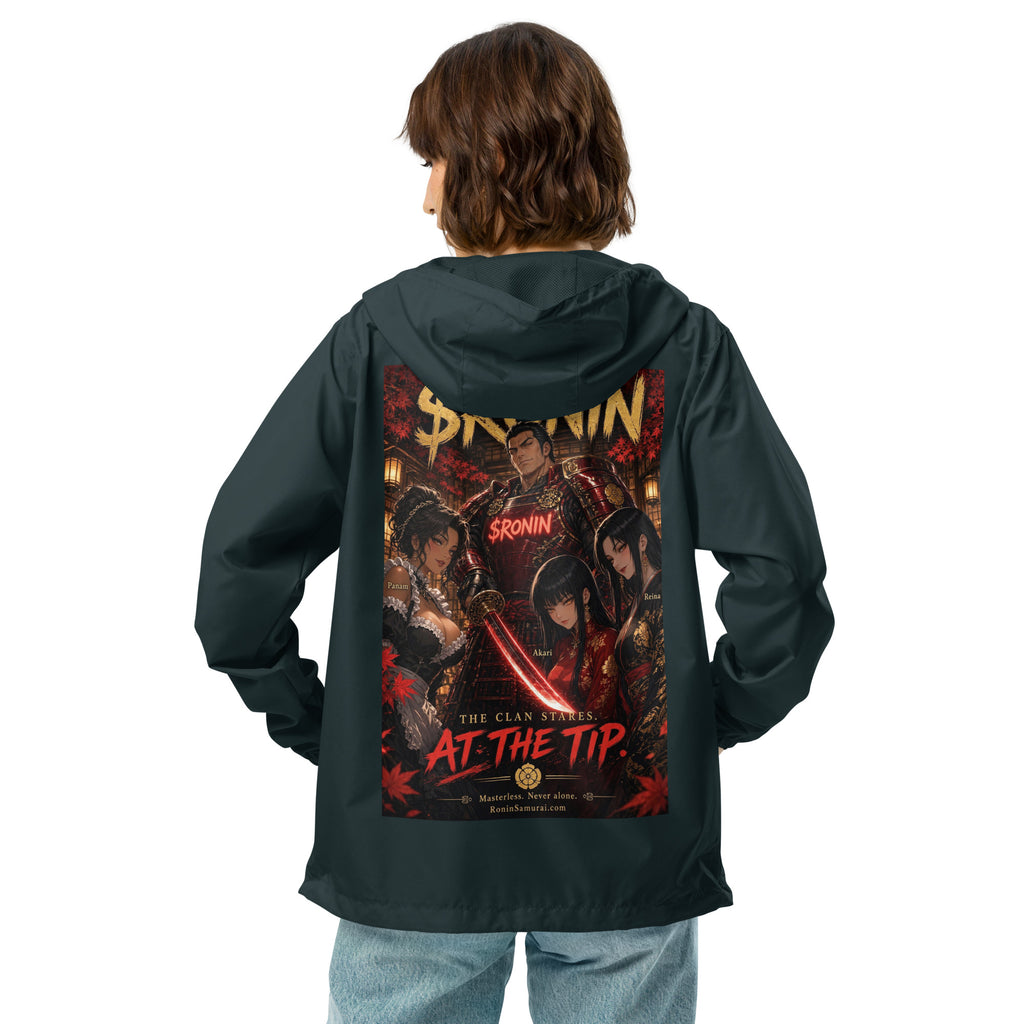 Clan at the Tip Windbreaker, classic navy back: back print of a red-armored samurai with three swordswomen, THE CLAN AT THE TIP