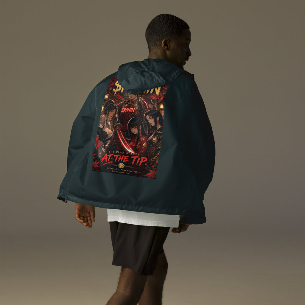 Clan at the Tip Windbreaker, classic navy back: back print of a red-armored samurai with three swordswomen, THE CLAN AT THE TIP