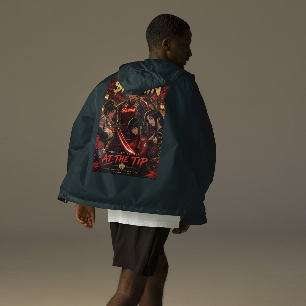 Clan at the Tip Windbreaker, classic navy back: back print of a red-armored samurai with three swordswomen, THE CLAN AT THE TIP