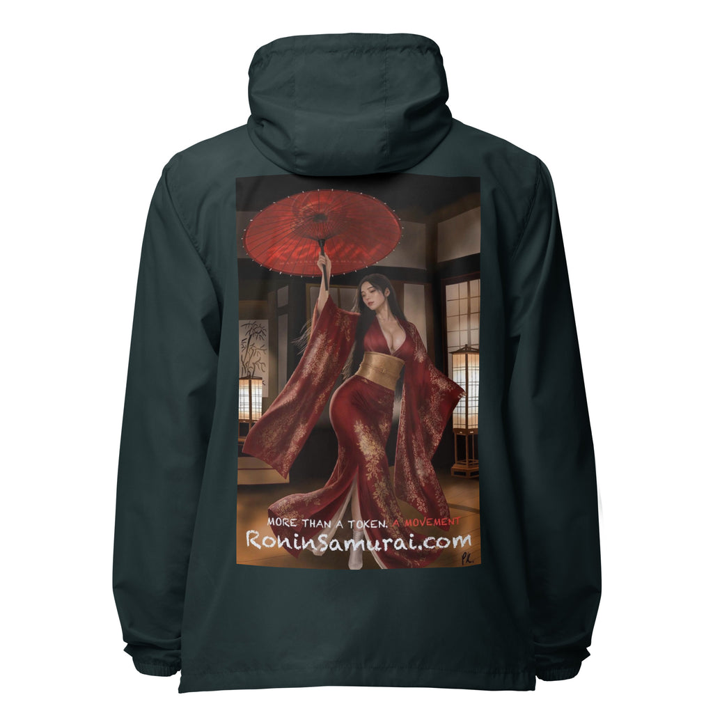 Red Parasol Ronin Windbreaker, classic navy back: back print of a woman in a red kimono holding a red parasol in a shoji room