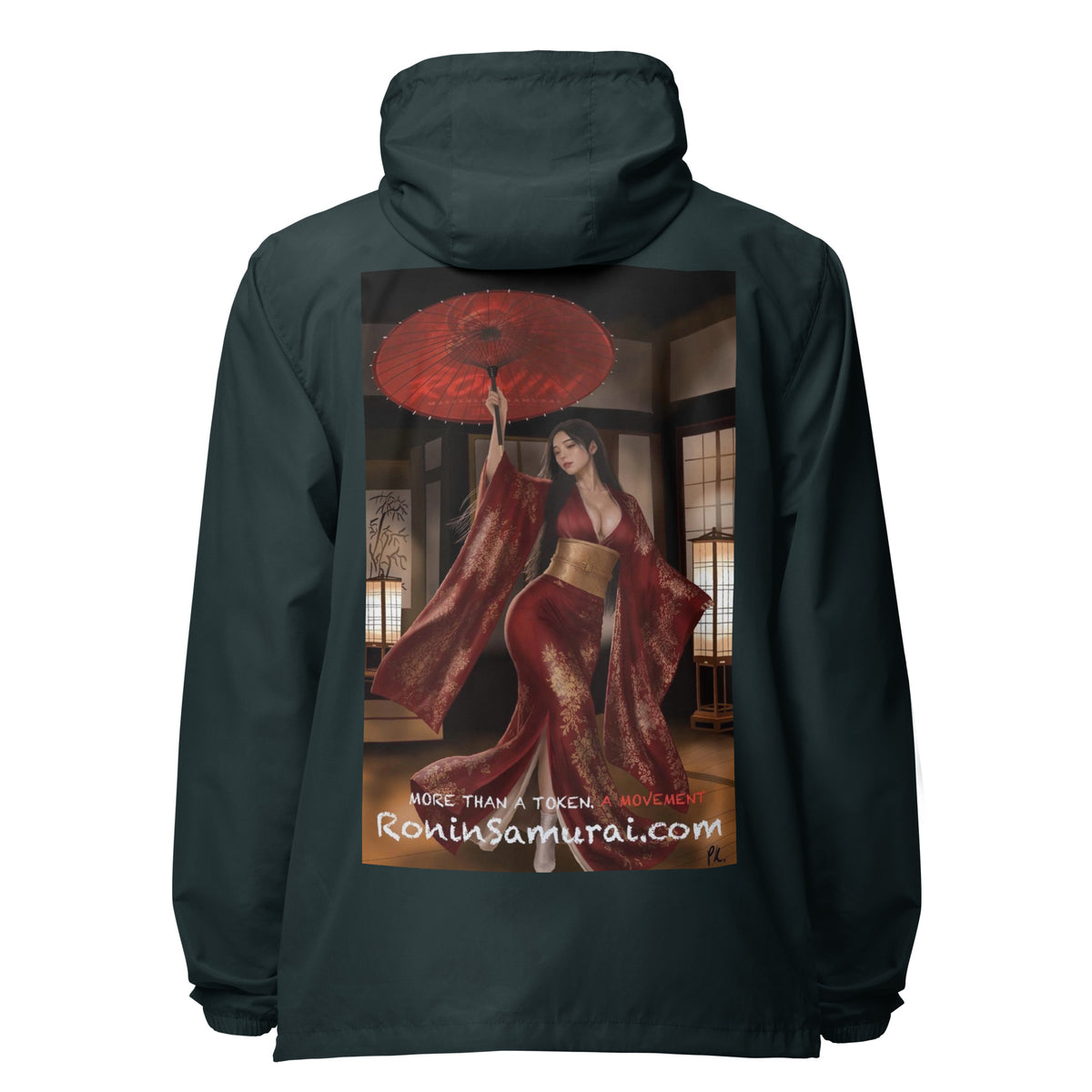 Red Parasol Ronin Windbreaker, classic navy back: back print of a woman in a red kimono holding a red parasol in a shoji room