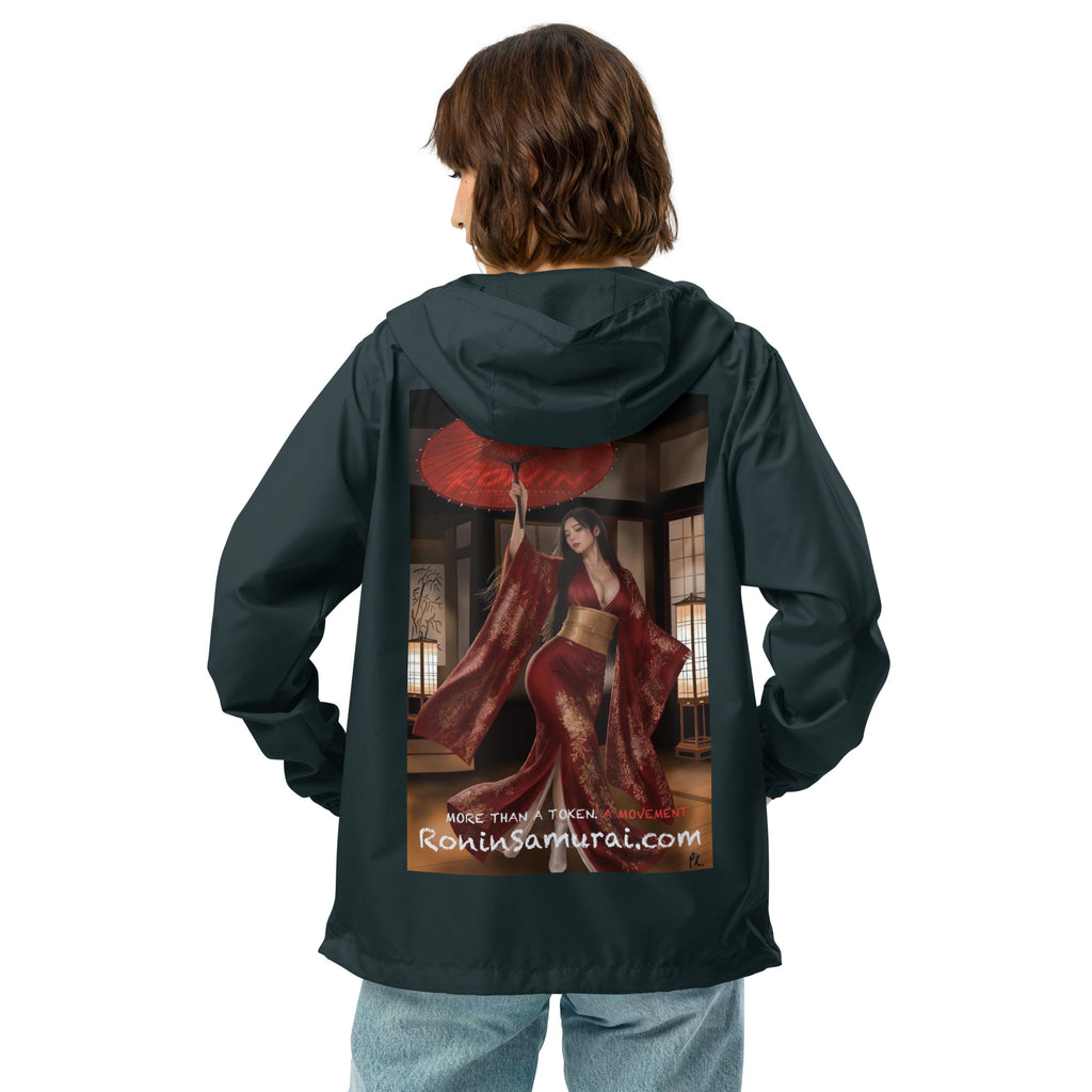 Red Parasol Ronin Windbreaker, classic navy back: back print of a woman in a red kimono holding a red parasol in a shoji room