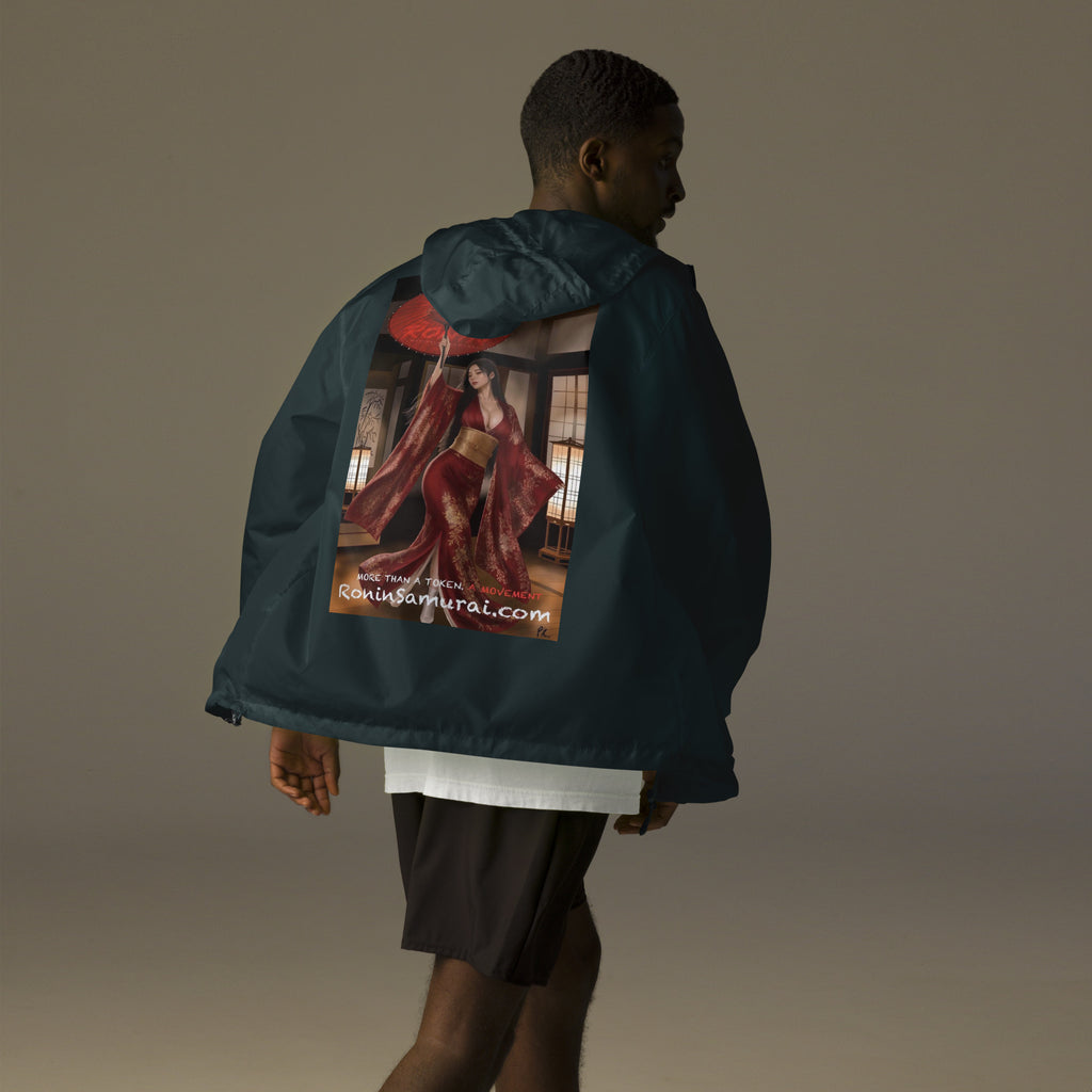 Red Parasol Ronin Windbreaker, classic navy back: back print of a woman in a red kimono holding a red parasol in a shoji room