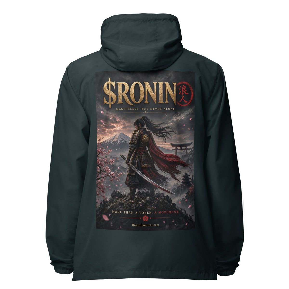 Torii Ridge Ronin Windbreaker, classic navy back: back print of a caped female samurai on a ridge facing Fuji and a torii under gold $RONIN
