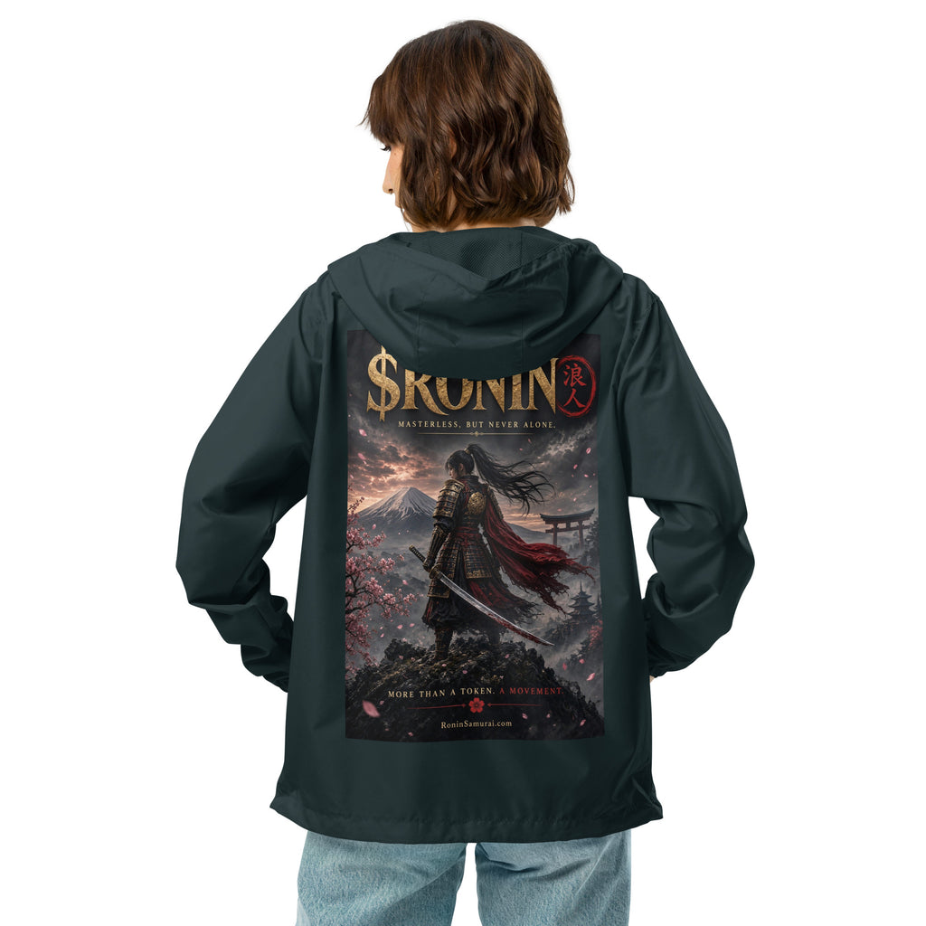Torii Ridge Ronin Windbreaker, classic navy back: back print of a caped female samurai on a ridge facing Fuji and a torii under gold $RONIN