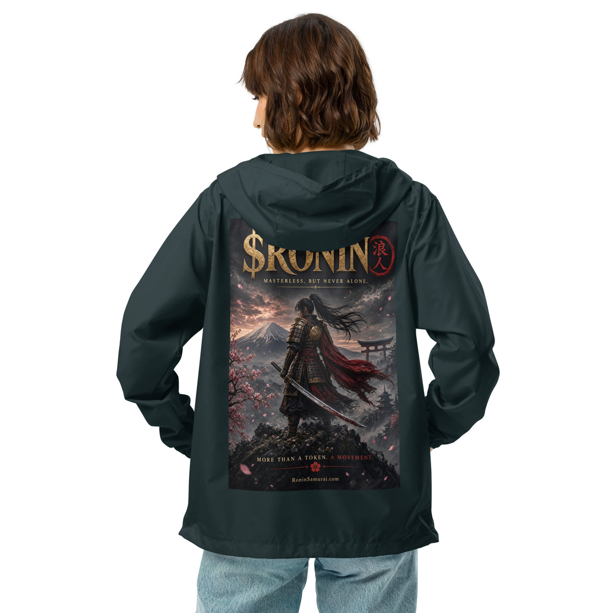 Torii Ridge Ronin Windbreaker, classic navy back: back print of a caped female samurai on a ridge facing Fuji and a torii under gold $RONIN