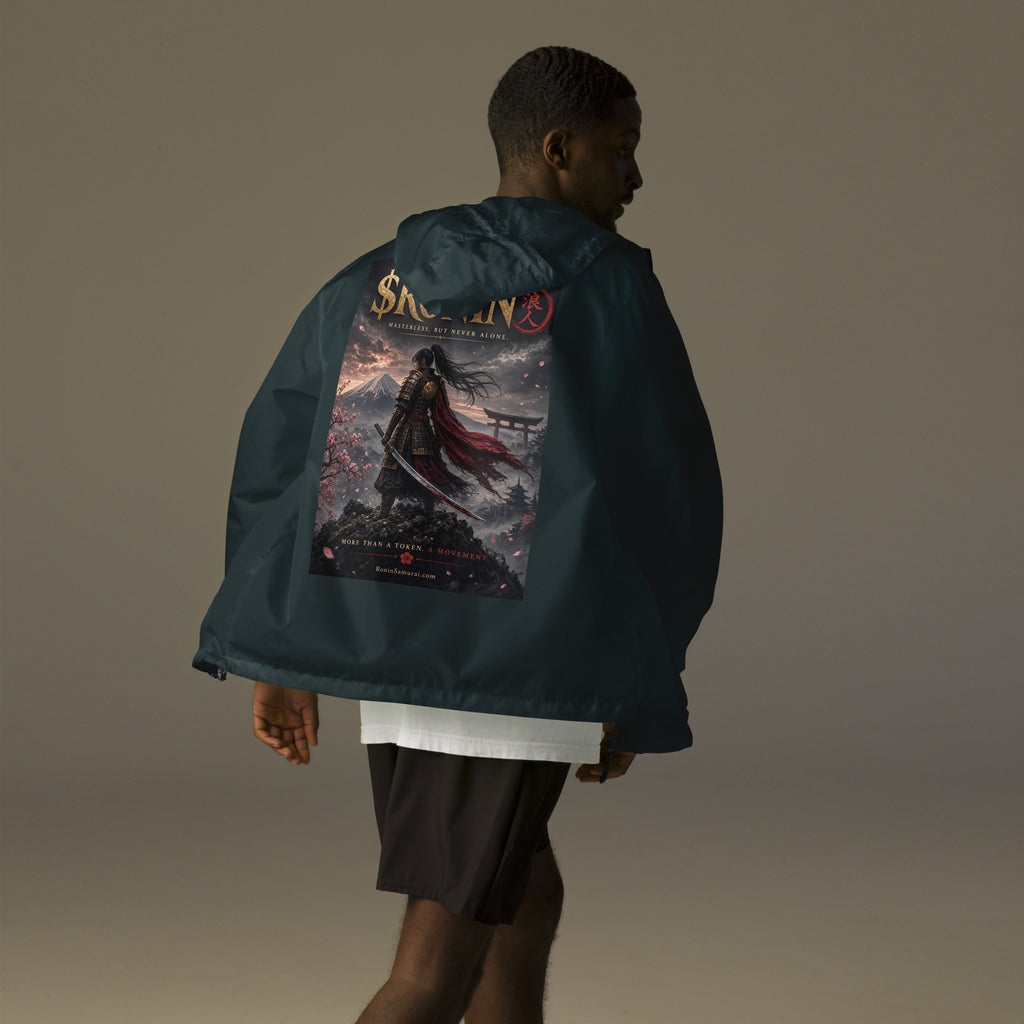 Torii Ridge Ronin Windbreaker, classic navy back: back print of a caped female samurai on a ridge facing Fuji and a torii under gold $RONIN