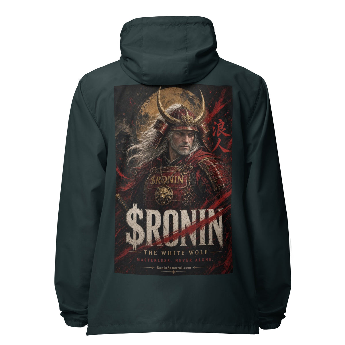 Silver-Haired Ronin Windbreaker, classic navy back: back print of a silver-haired, scarred warrior in crimson armor and gold-horned kabuto under a bold $RONIN title