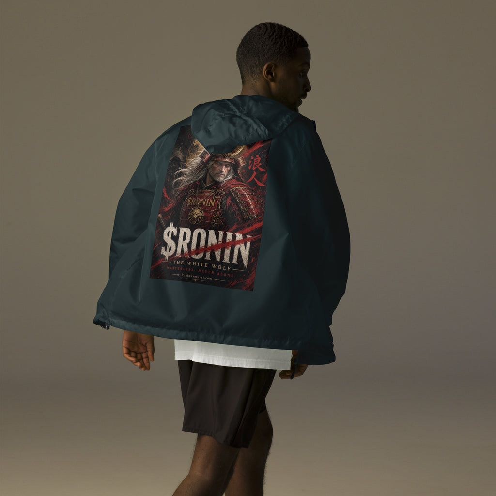 Silver-Haired Ronin Windbreaker, classic navy back: back print of a silver-haired, scarred warrior in crimson armor and gold-horned kabuto under a bold $RONIN title