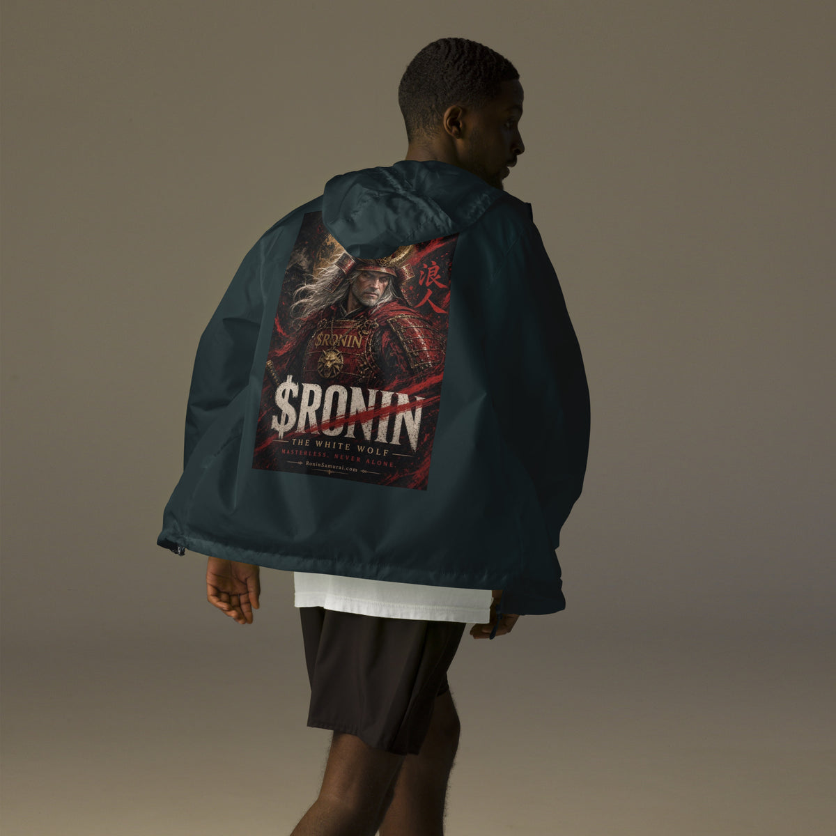 Silver-Haired Ronin Windbreaker, classic navy back: back print of a silver-haired, scarred warrior in crimson armor and gold-horned kabuto under a bold $RONIN title