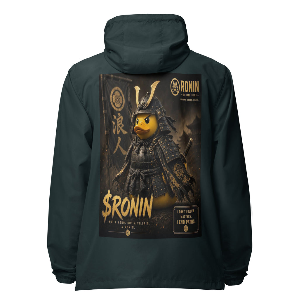Samurai Rubber Duck Windbreaker, classic navy back: back print of a yellow rubber duck in black-and-gold samurai armor, gold $RONIN