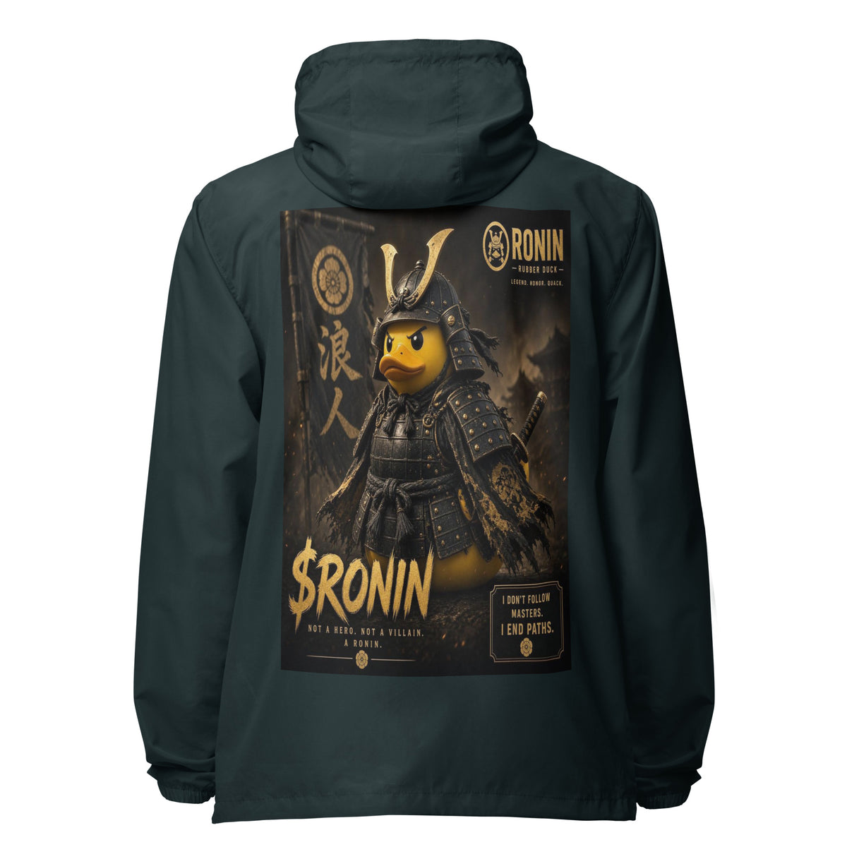 Samurai Rubber Duck Windbreaker, classic navy back: back print of a yellow rubber duck in black-and-gold samurai armor, gold $RONIN