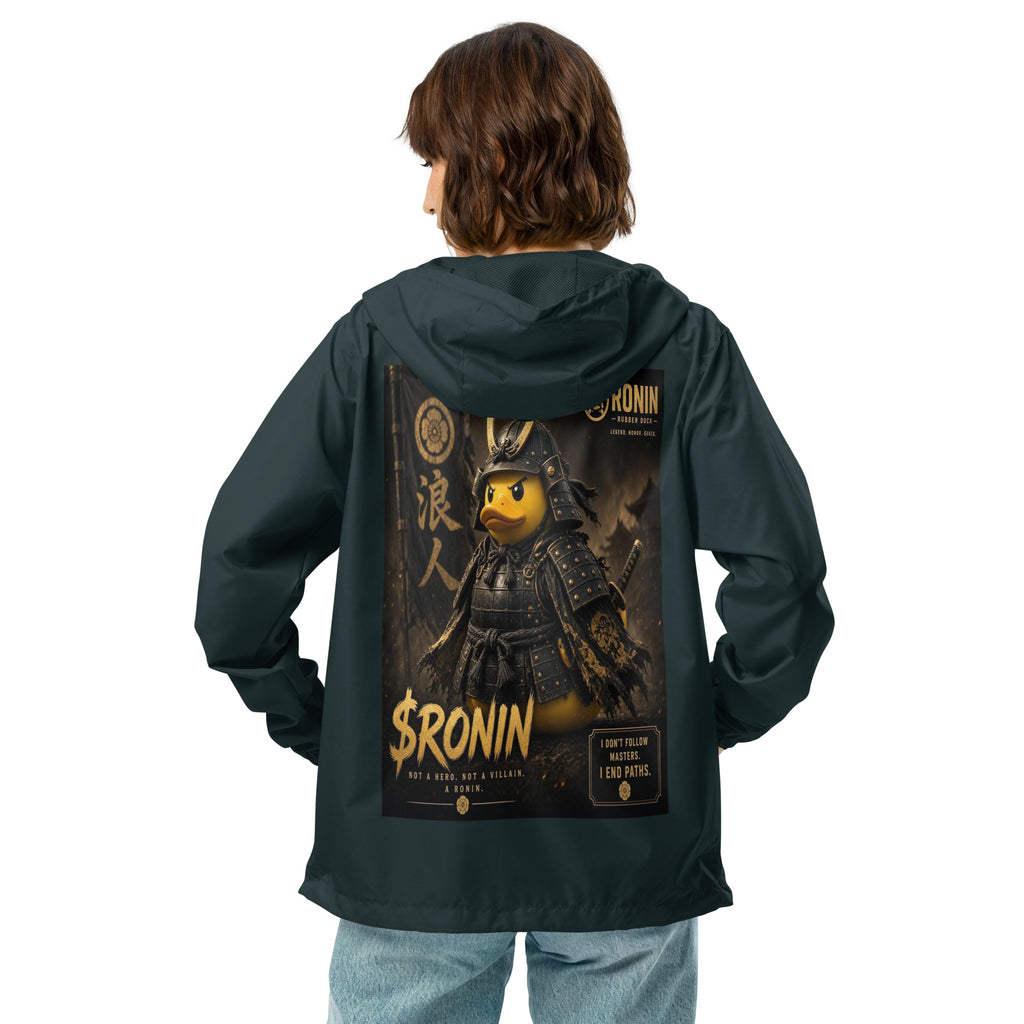 Samurai Rubber Duck Windbreaker, classic navy back: back print of a yellow rubber duck in black-and-gold samurai armor, gold $RONIN