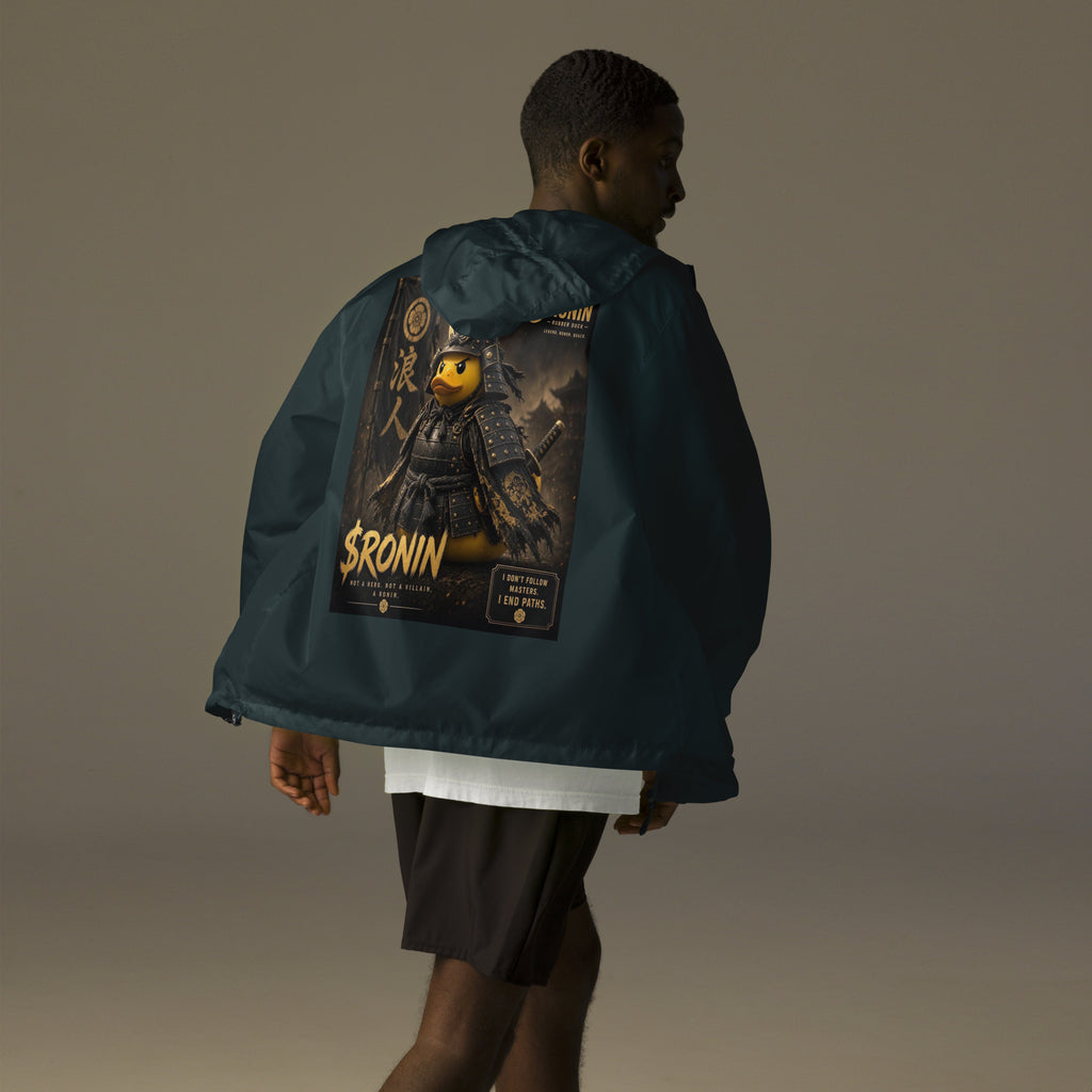 Samurai Rubber Duck Windbreaker, classic navy back: back print of a yellow rubber duck in black-and-gold samurai armor, gold $RONIN