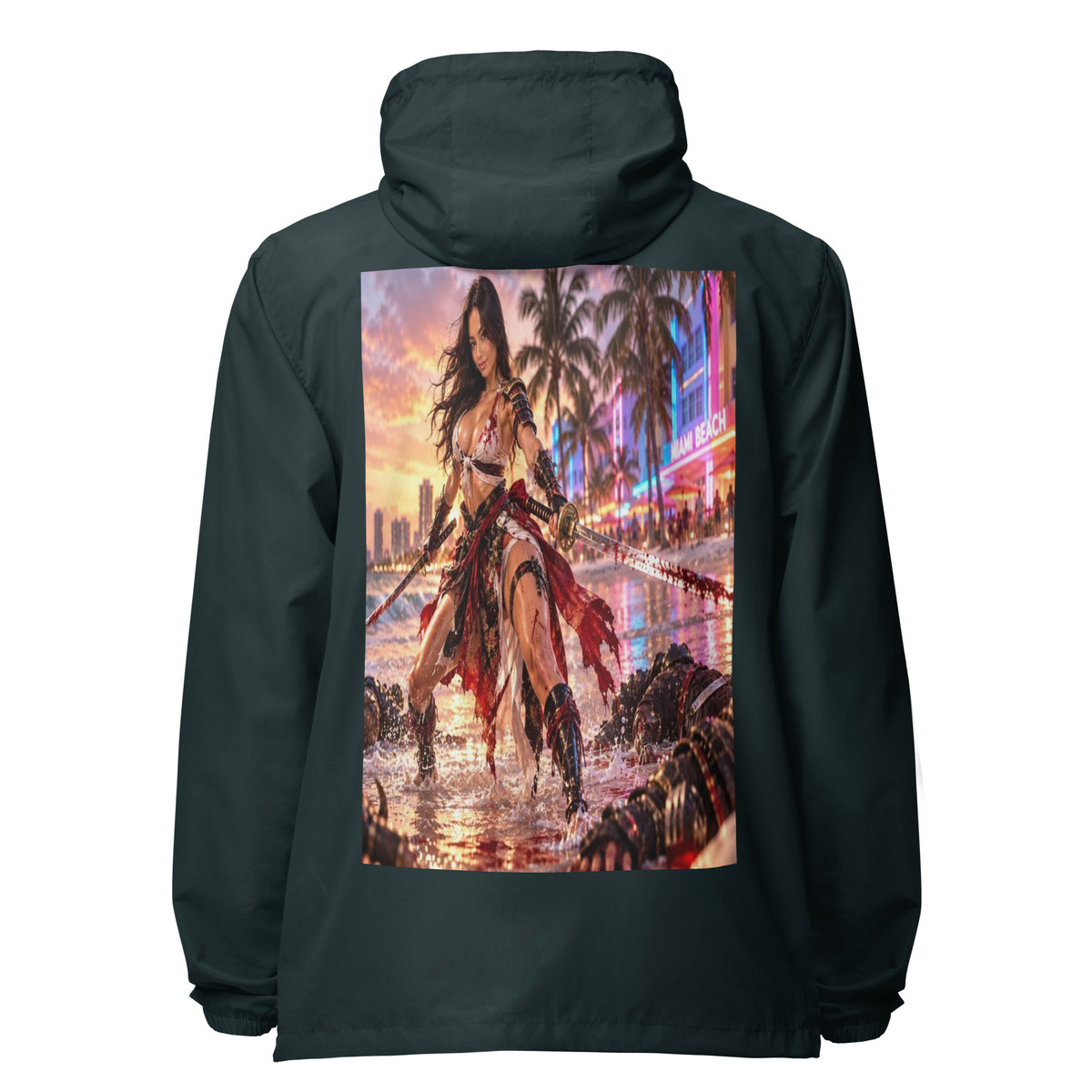 Miami Beach Ronin Windbreaker, classic navy back: back print of a dual-katana warrior in the surf before a neon Miami Beach skyline