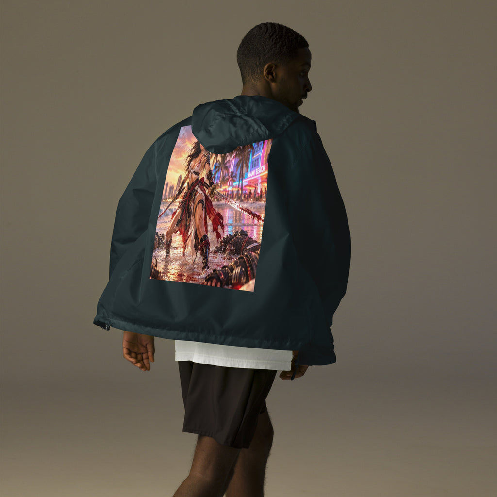 Miami Beach Ronin Windbreaker, classic navy back: back print of a dual-katana warrior in the surf before a neon Miami Beach skyline