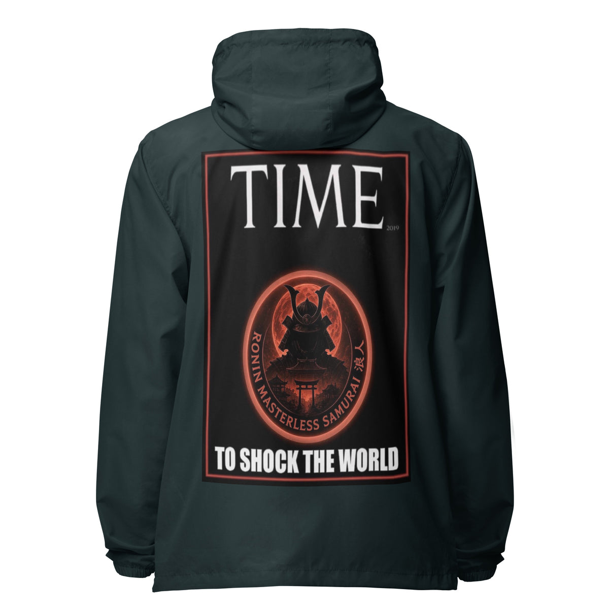Ronin Cover Story Windbreaker, classic navy back: back print of a red-framed cover-style poster with the round RONIN samurai seal and TO SHOCK THE WORLD
