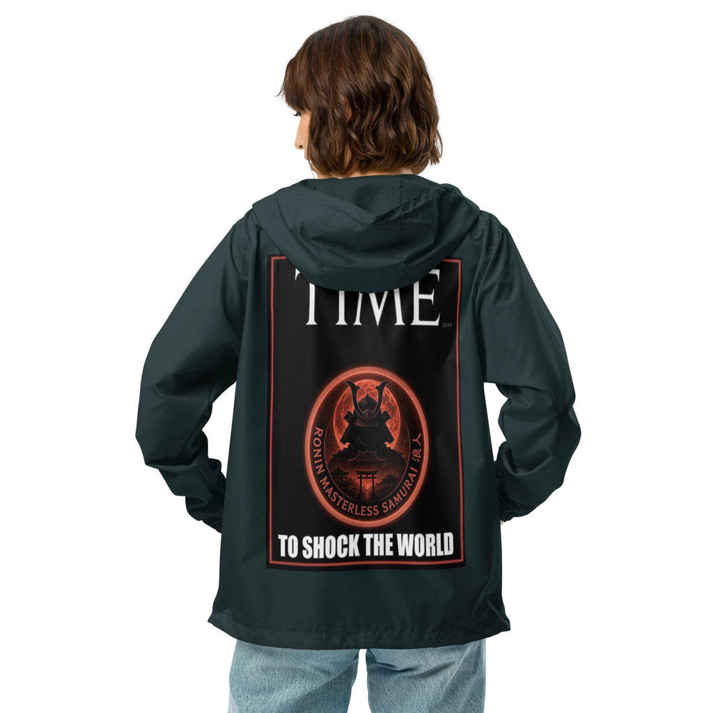 Ronin Cover Story Windbreaker, classic navy back: back print of a red-framed cover-style poster with the round RONIN samurai seal and TO SHOCK THE WORLD