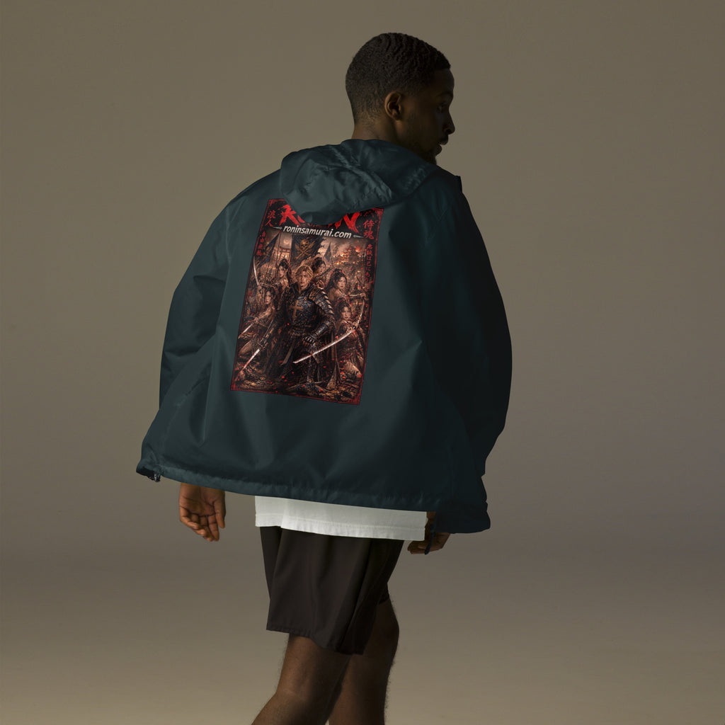 Ronin Warband Windbreaker, classic navy back: back print of an armored warband on a burning battlefield under a red RONIN title