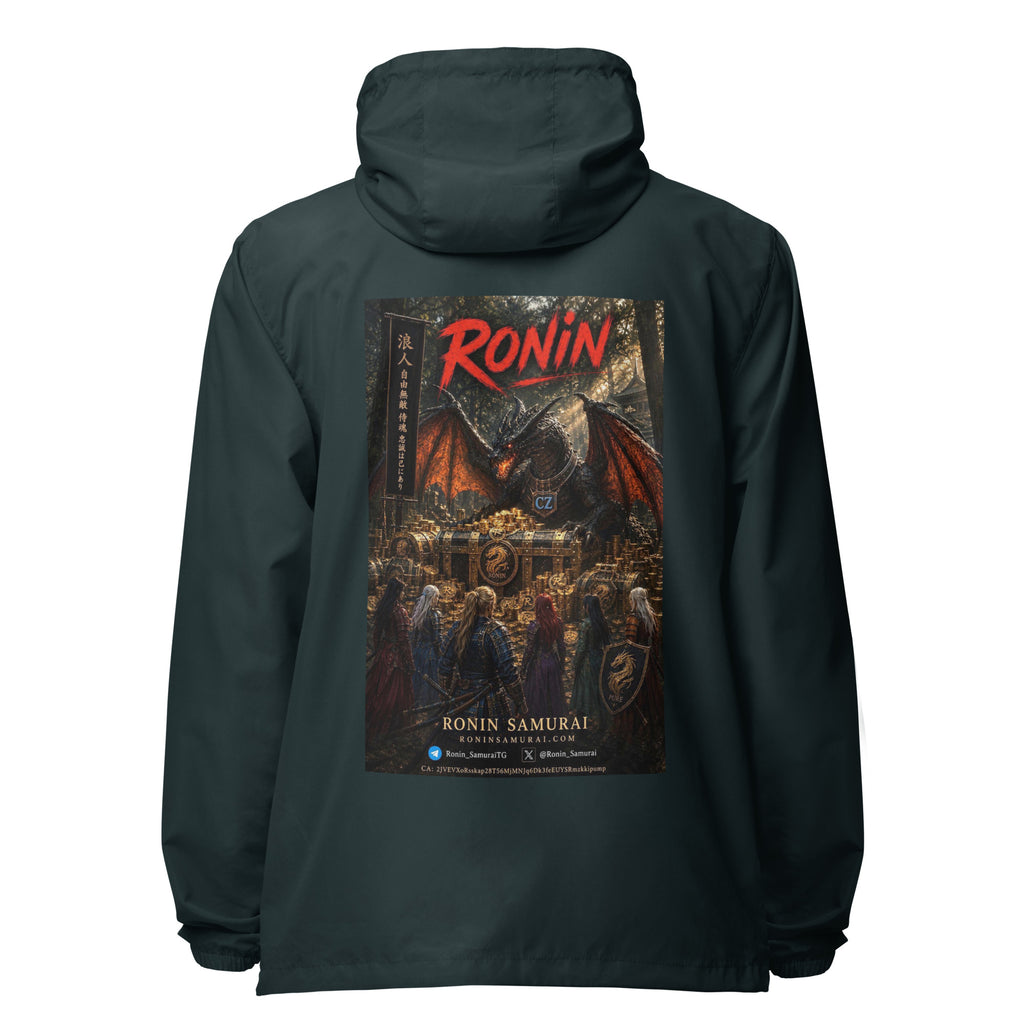 Golden Dragon Ronin Windbreaker, classic navy back: back print of a dark dragon on a golden hoard facing armored warriors, red RONIN