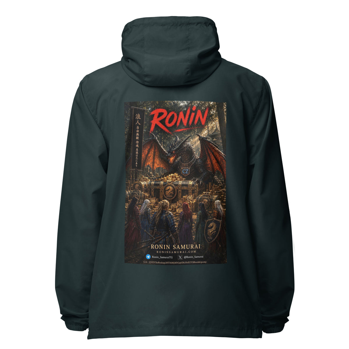 Golden Dragon Ronin Windbreaker, classic navy back: back print of a dark dragon on a golden hoard facing armored warriors, red RONIN