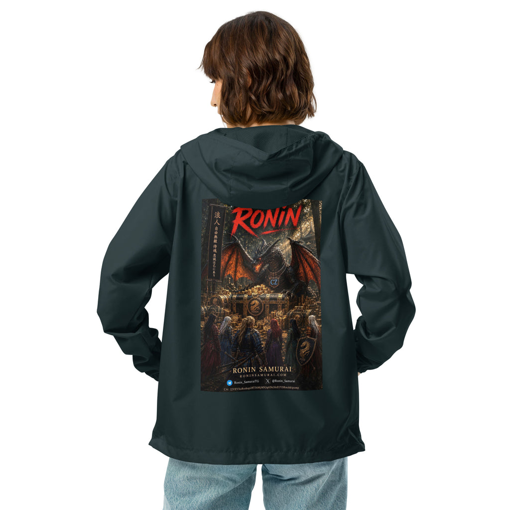 Golden Dragon Ronin Windbreaker, classic navy back: back print of a dark dragon on a golden hoard facing armored warriors, red RONIN