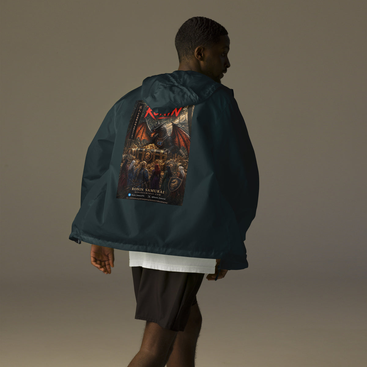 Golden Dragon Ronin Windbreaker, classic navy back: back print of a dark dragon on a golden hoard facing armored warriors, red RONIN