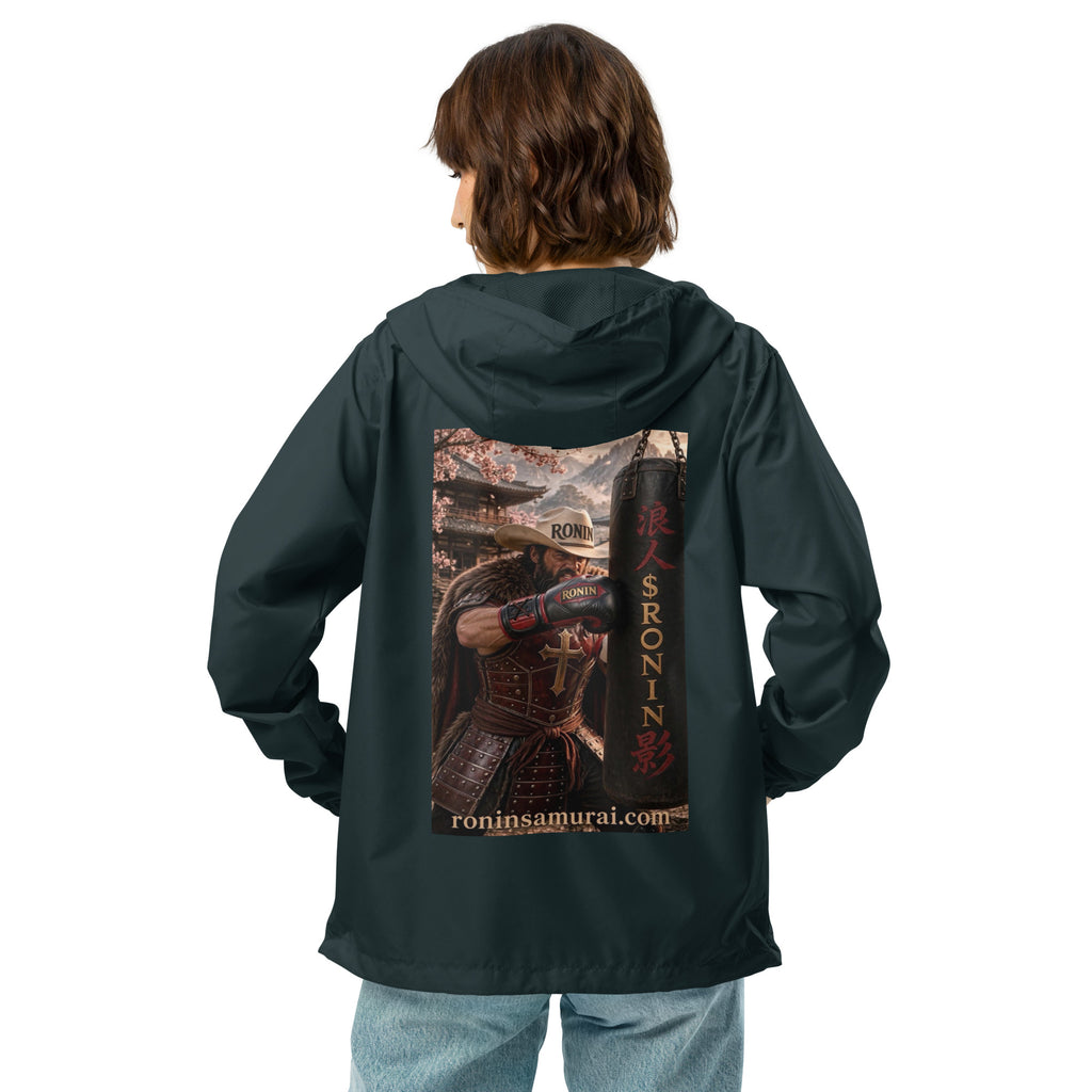 Heavy Bag Ronin Windbreaker, classic navy back: back print of a cowboy-hat samurai boxer punching a heavy bag lettered 浪人 $RONIN