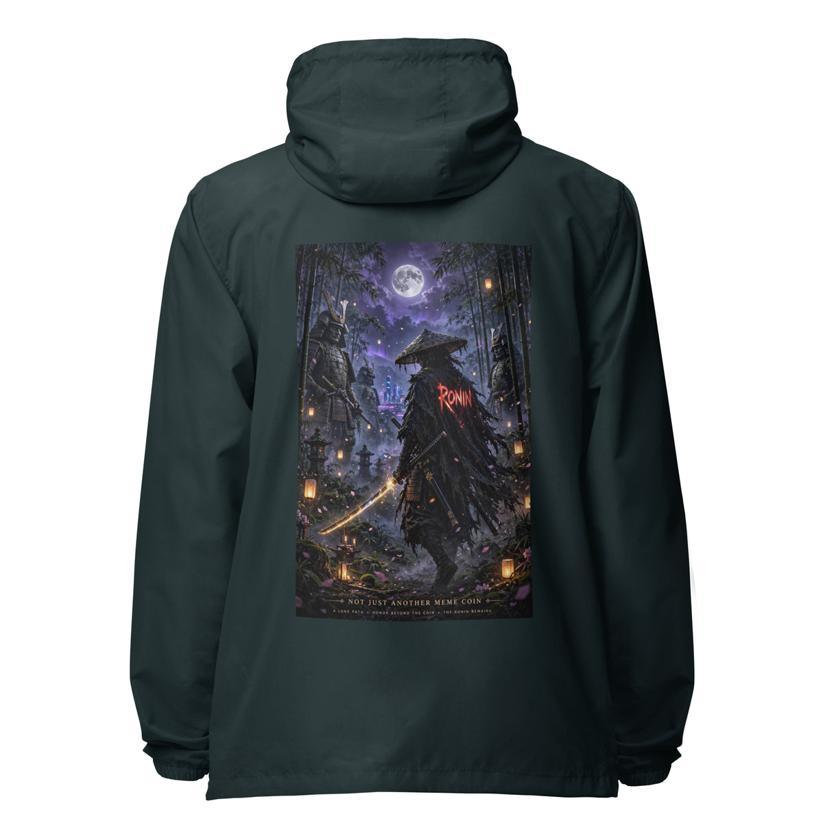 Bamboo Moon Ronin Windbreaker, classic navy back: back print of a straw-hat ronin with a glowing katana in a moonlit lantern bamboo grove