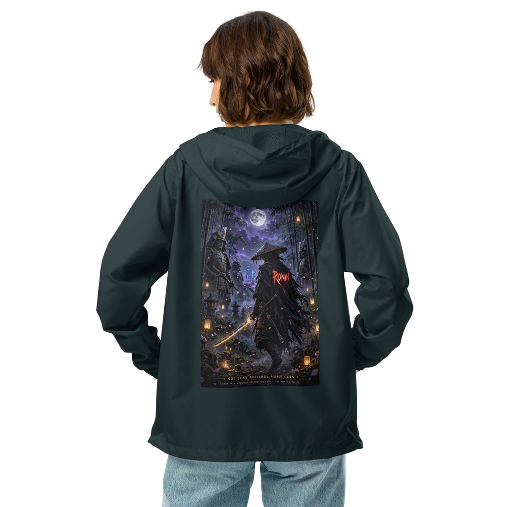 Bamboo Moon Ronin Windbreaker, classic navy back: back print of a straw-hat ronin with a glowing katana in a moonlit lantern bamboo grove