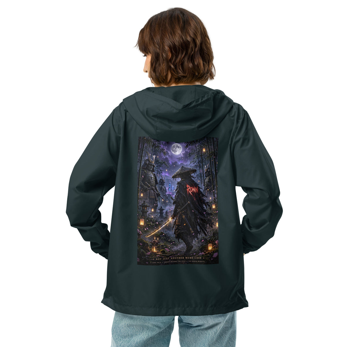 Bamboo Moon Ronin Windbreaker, classic navy back: back print of a straw-hat ronin with a glowing katana in a moonlit lantern bamboo grove