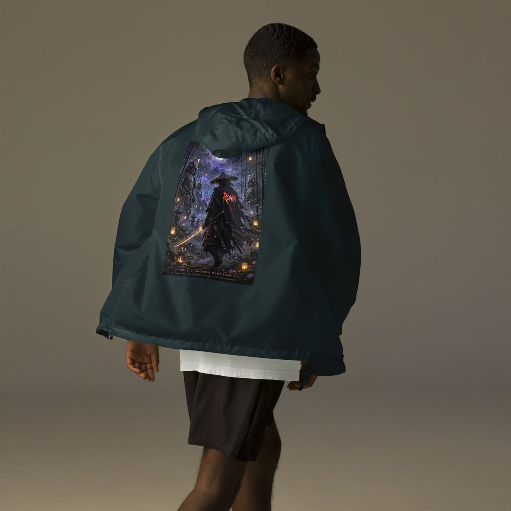 Bamboo Moon Ronin Windbreaker, classic navy back: back print of a straw-hat ronin with a glowing katana in a moonlit lantern bamboo grove