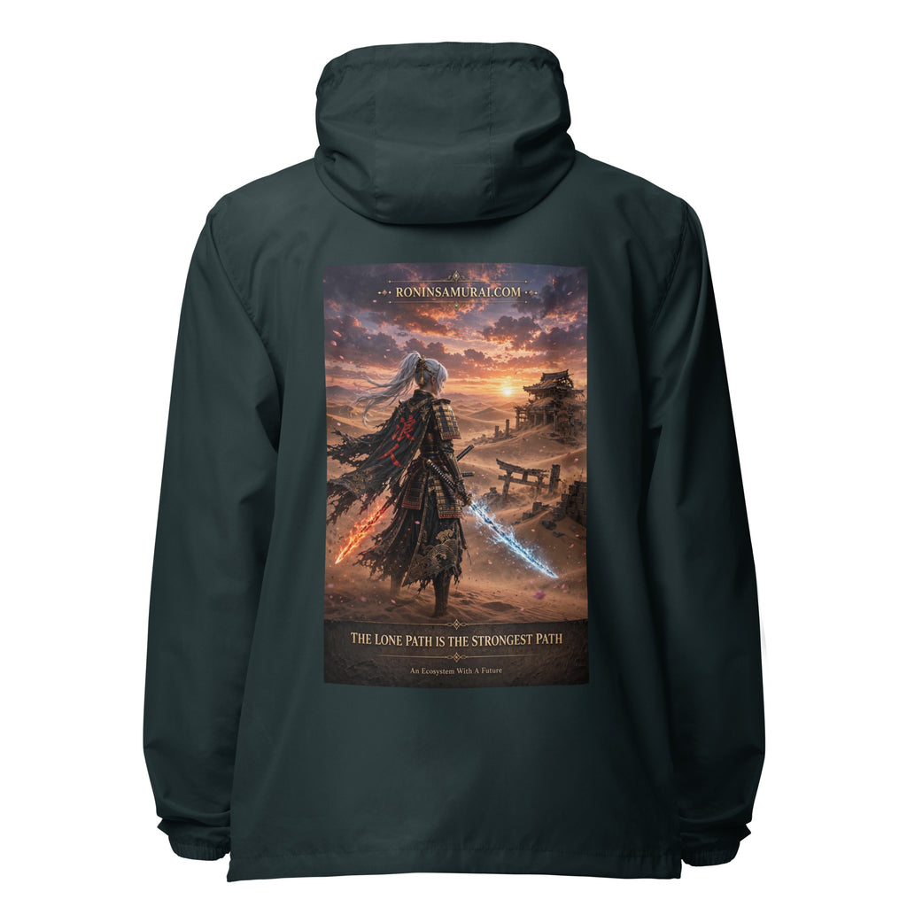 Lone Path Ronin Windbreaker, classic navy back: back print of a white-haired samurai with fire and ice blades in a sunset desert
