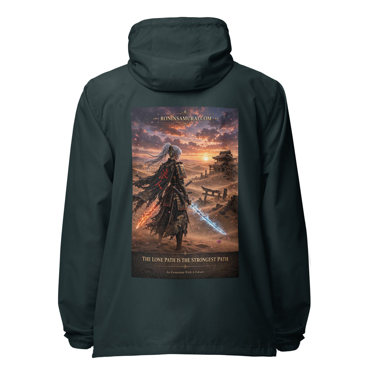Lone Path Ronin Windbreaker, classic navy back: back print of a white-haired samurai with fire and ice blades in a sunset desert