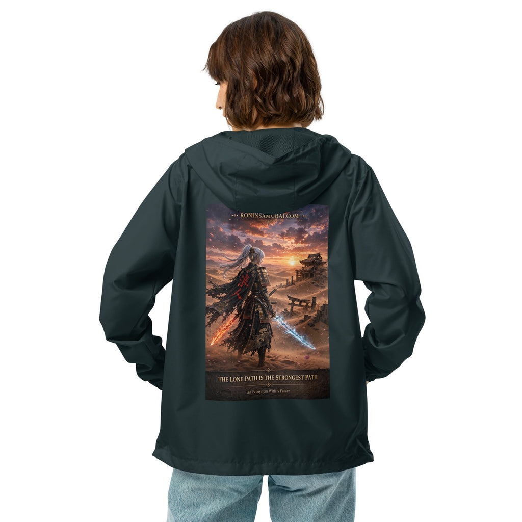 Lone Path Ronin Windbreaker, classic navy back: back print of a white-haired samurai with fire and ice blades in a sunset desert