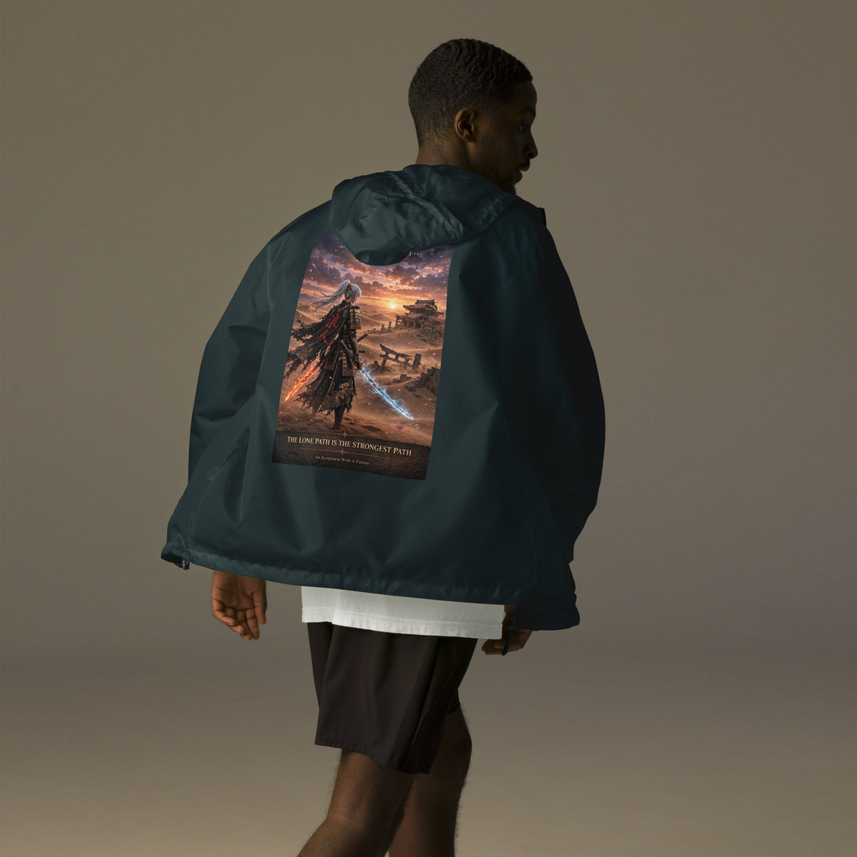Lone Path Ronin Windbreaker, classic navy back: back print of a white-haired samurai with fire and ice blades in a sunset desert