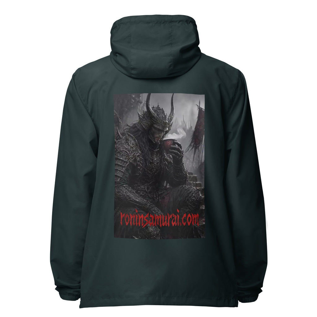 Warlord's Brew Windbreaker, classic navy back: back print of a dark horned armored warlord sipping a steaming cup