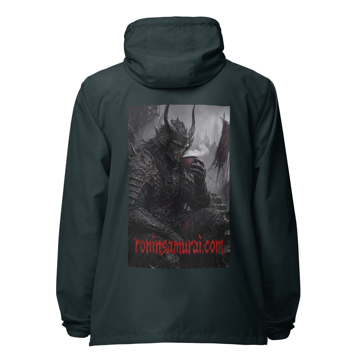 Warlord's Brew Windbreaker, classic navy back: back print of a dark horned armored warlord sipping a steaming cup