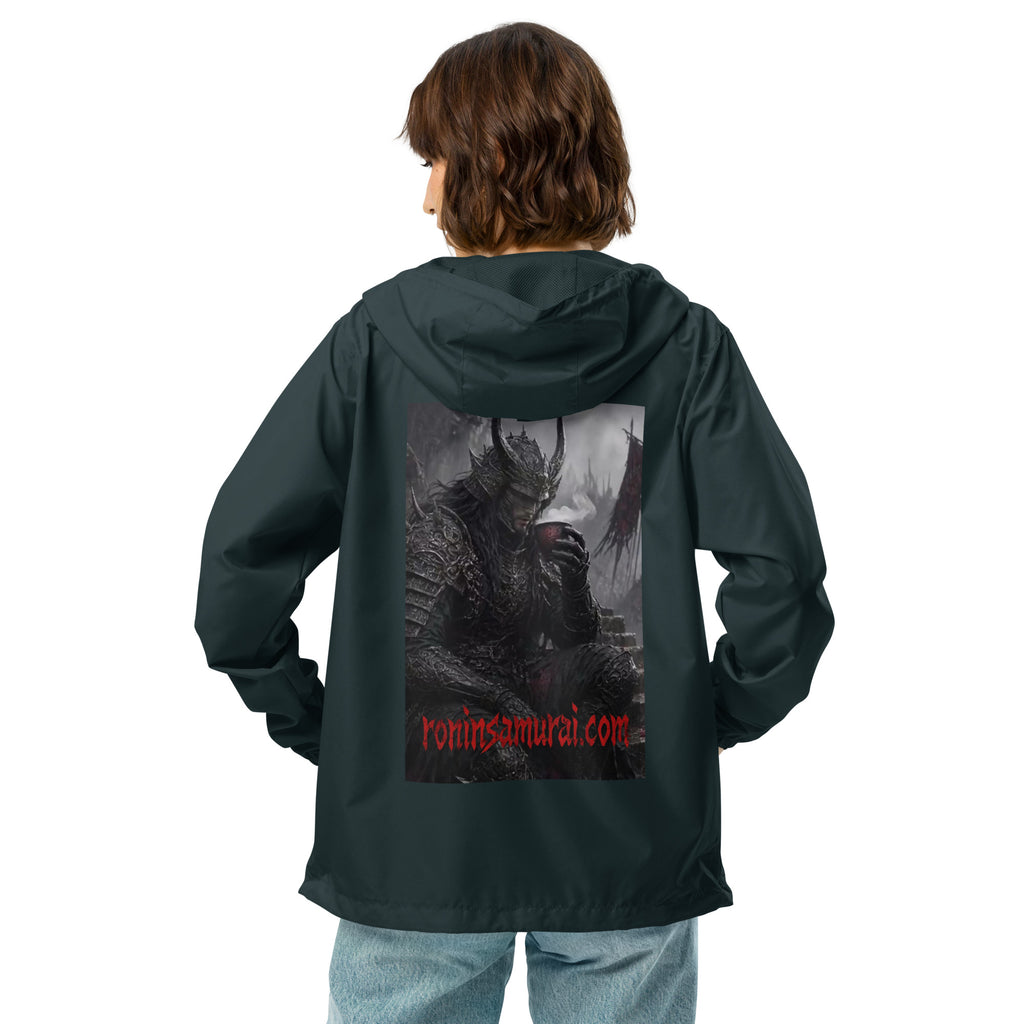 Warlord's Brew Windbreaker, classic navy back: back print of a dark horned armored warlord sipping a steaming cup