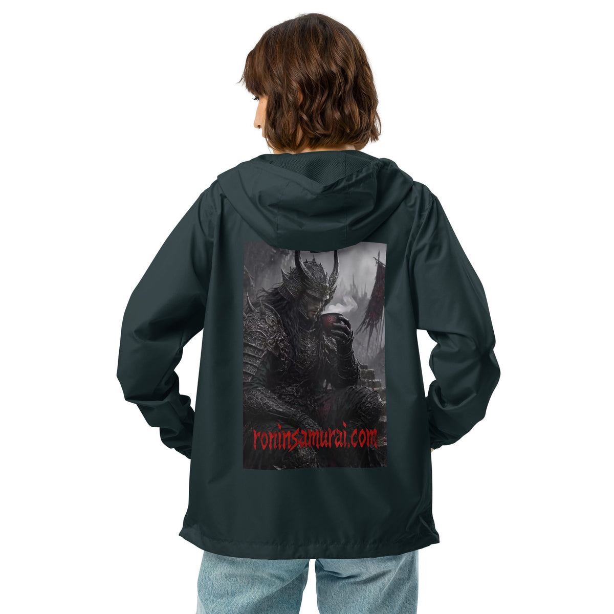 Warlord's Brew Windbreaker, classic navy back: back print of a dark horned armored warlord sipping a steaming cup