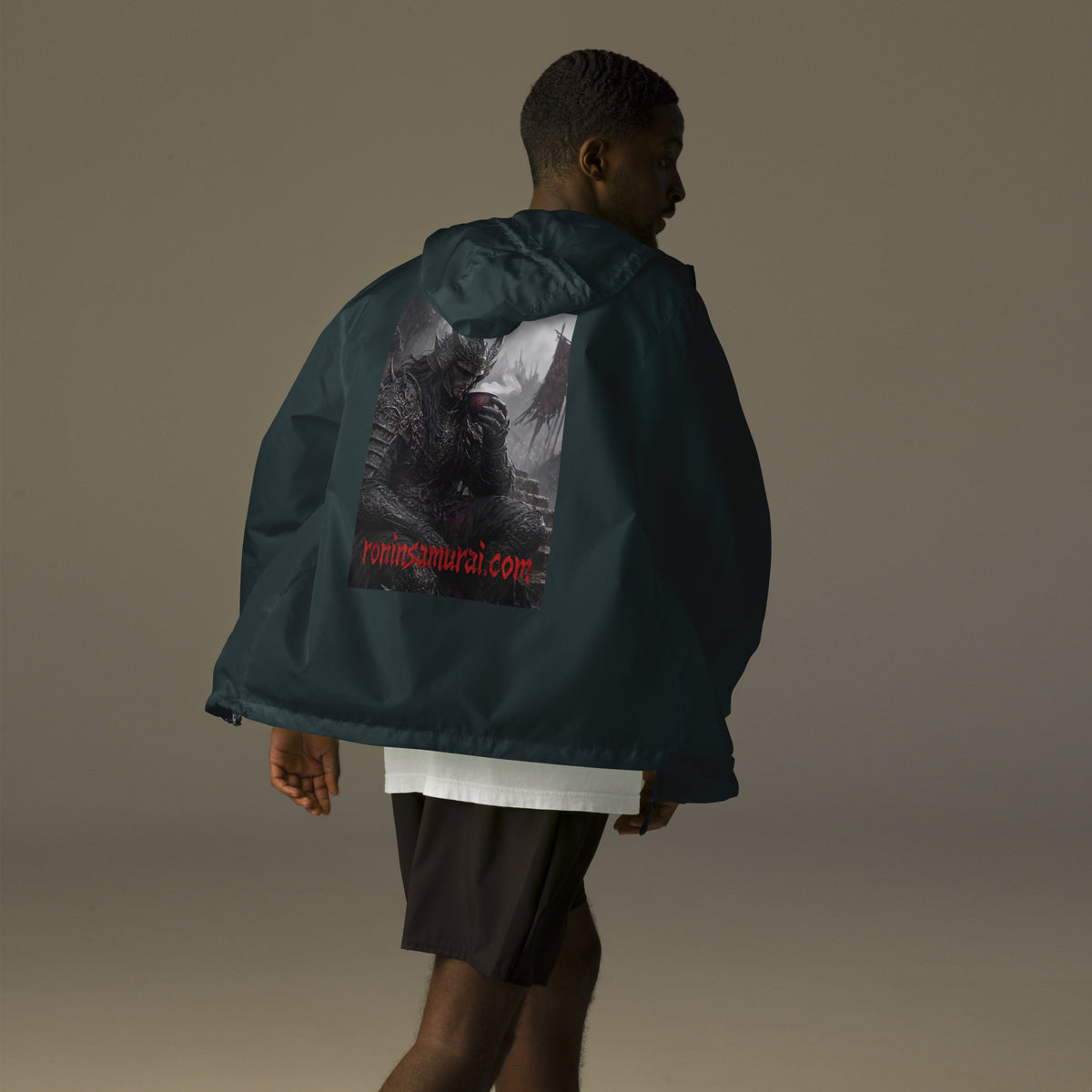 Warlord's Brew Windbreaker, classic navy back: back print of a dark horned armored warlord sipping a steaming cup