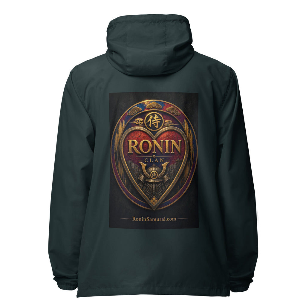 Royal Crest Ronin Clan Windbreaker, classic navy back: gilded red-and-gold heart shield with the 侍 seal, RONIN CLAN and kabuto emblem