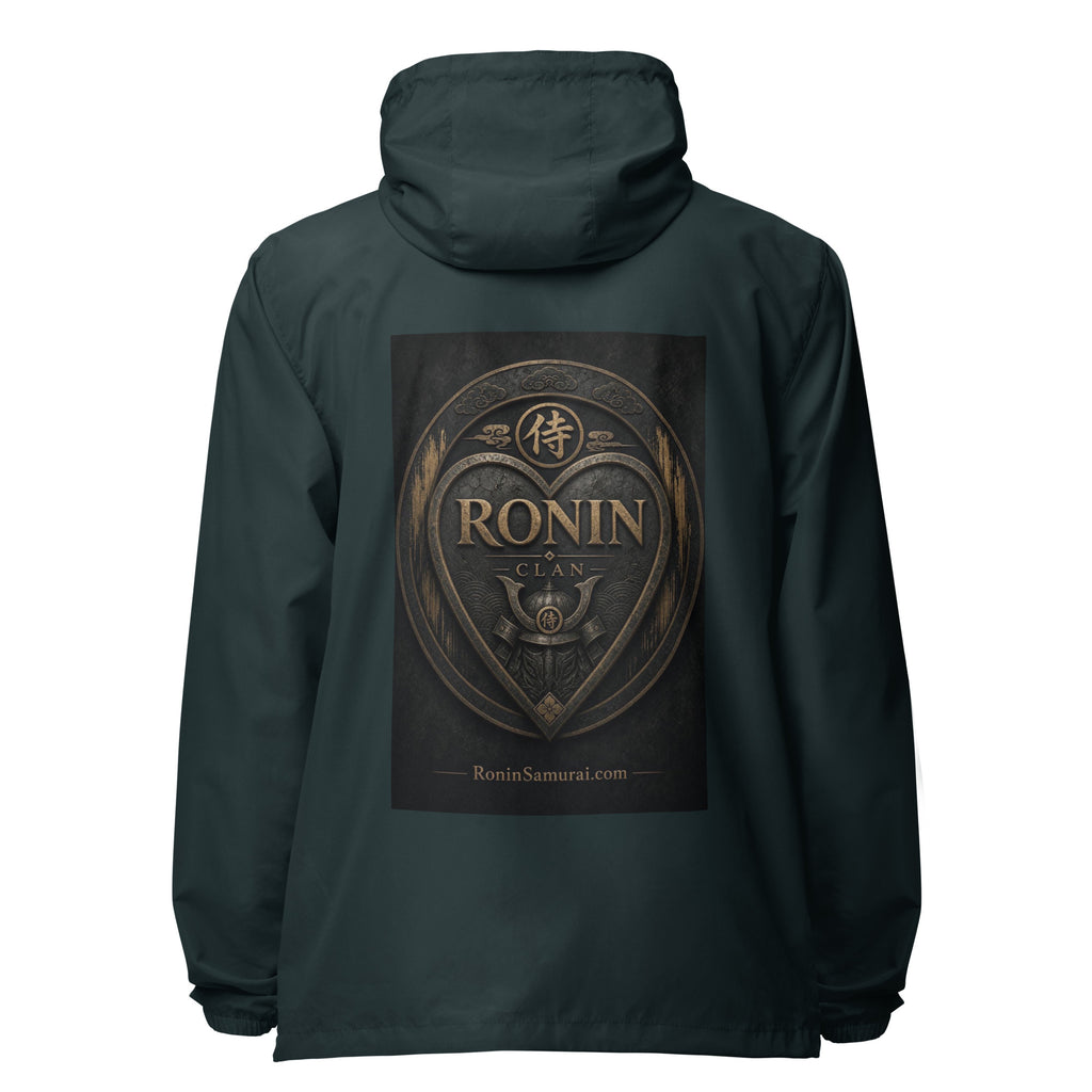 Bronze Crest Ronin Clan Windbreaker, classic navy back: bronze heart shield with the 侍 seal, RONIN CLAN and a kabuto emblem
