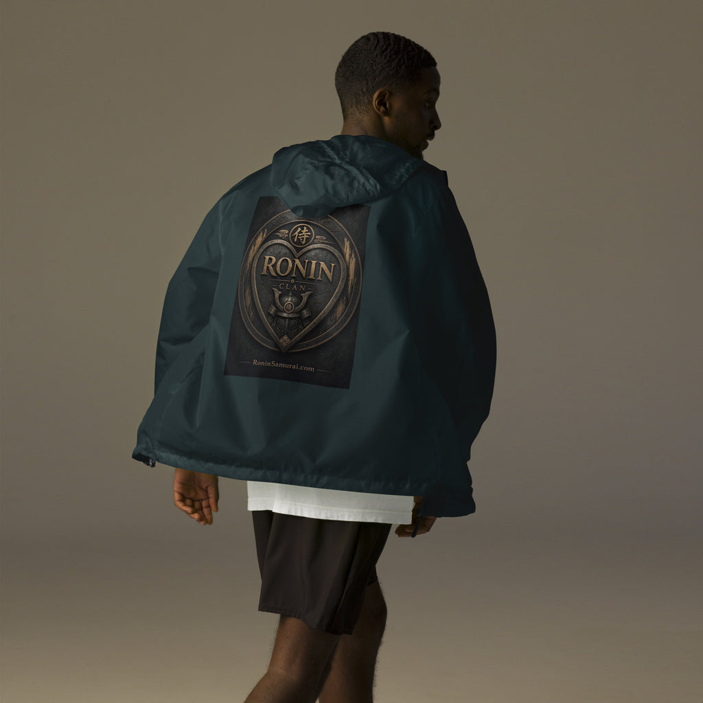 Bronze Crest Ronin Clan Windbreaker, classic navy back: bronze heart shield with the 侍 seal, RONIN CLAN and a kabuto emblem