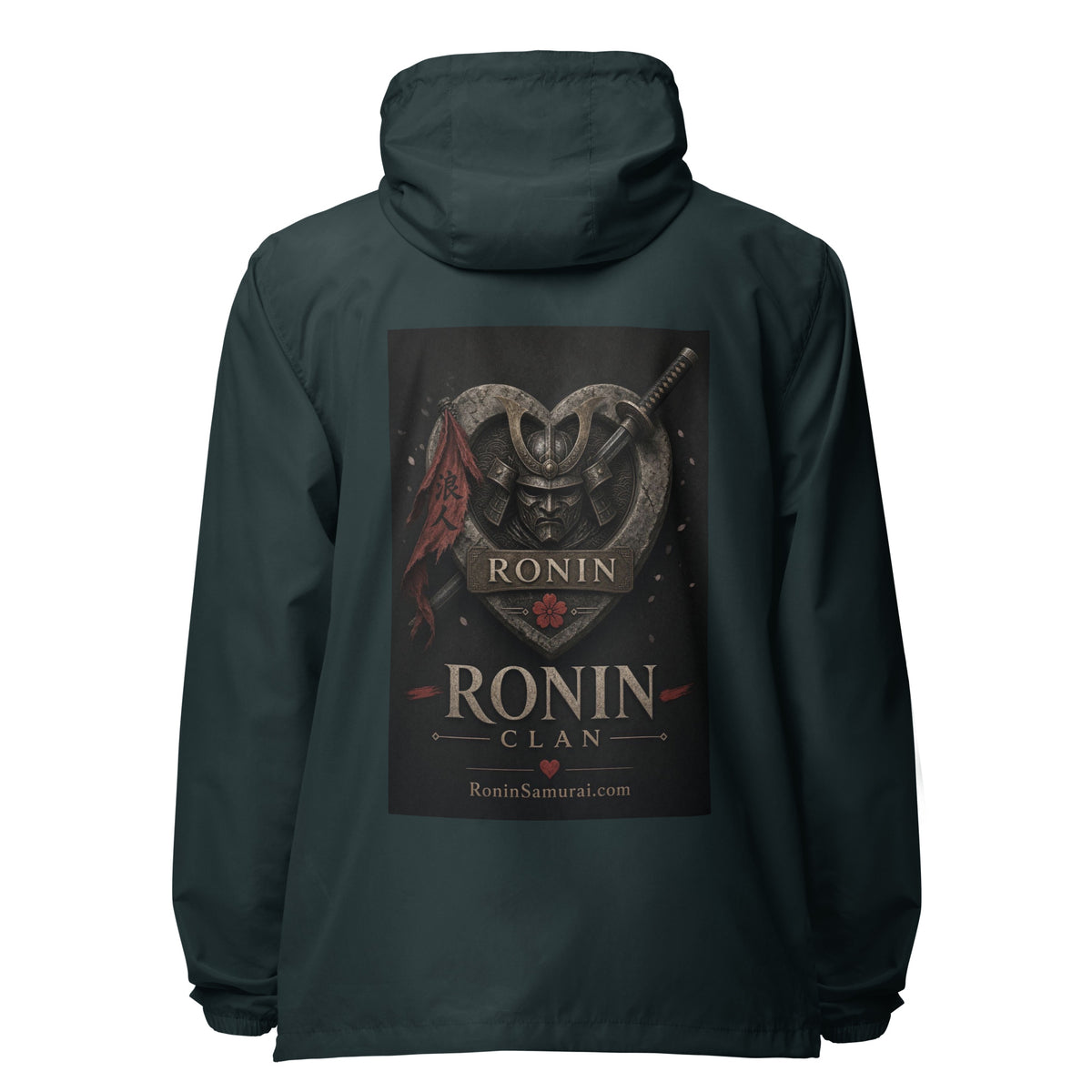 Kabuto Heart Ronin Clan Windbreaker, classic navy back: stone heart with a masked kabuto warrior, katana and red banner, RONIN CLAN