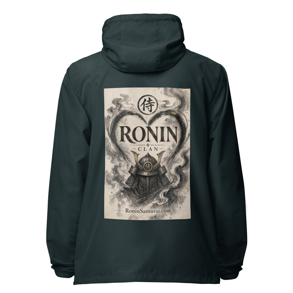 Ink Heart Ronin Clan Windbreaker, classic navy back: ink-wash heart around a kabuto helmet on cream paper, 侍 seal and RONIN CLAN