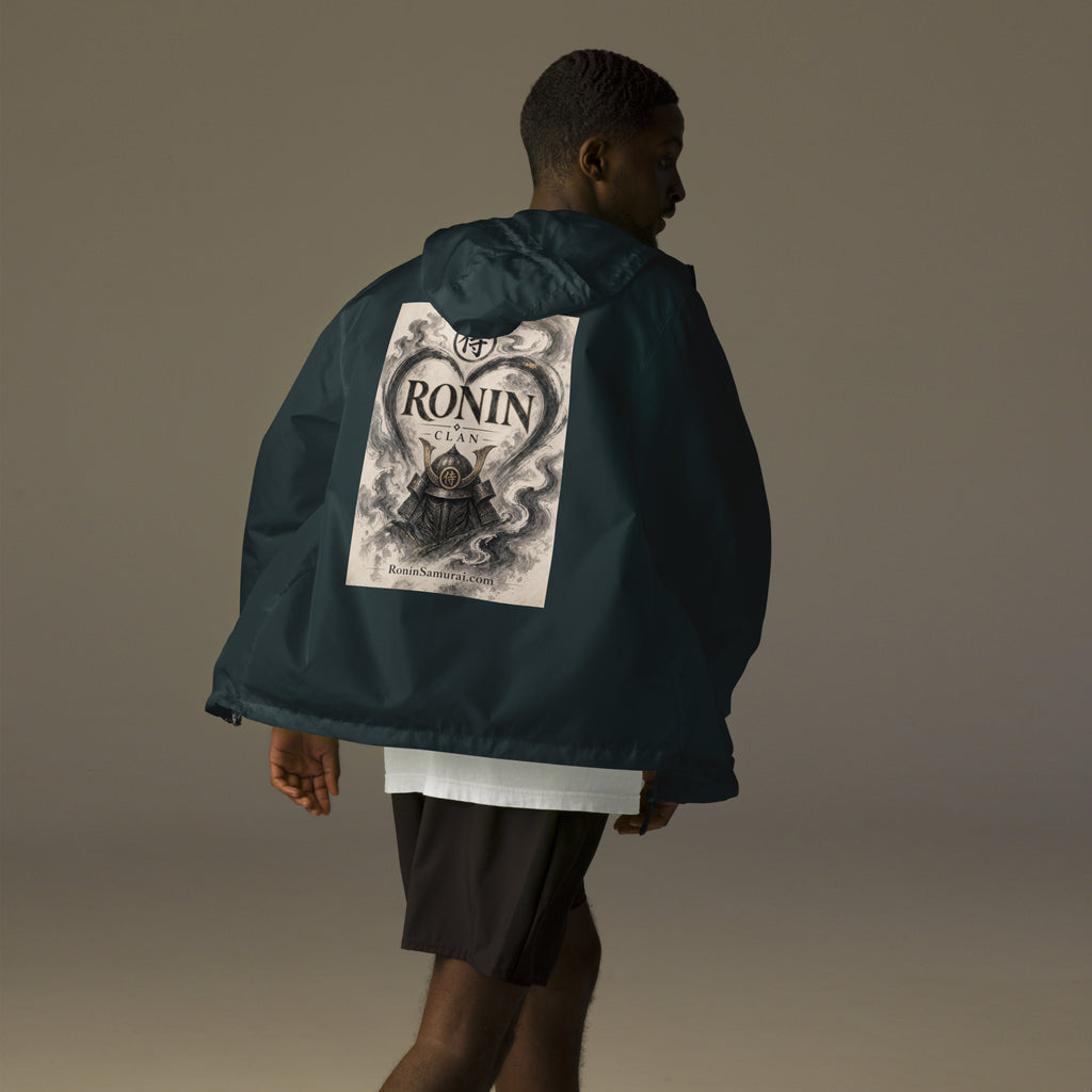 Ink Heart Ronin Clan Windbreaker, classic navy back: ink-wash heart around a kabuto helmet on cream paper, 侍 seal and RONIN CLAN