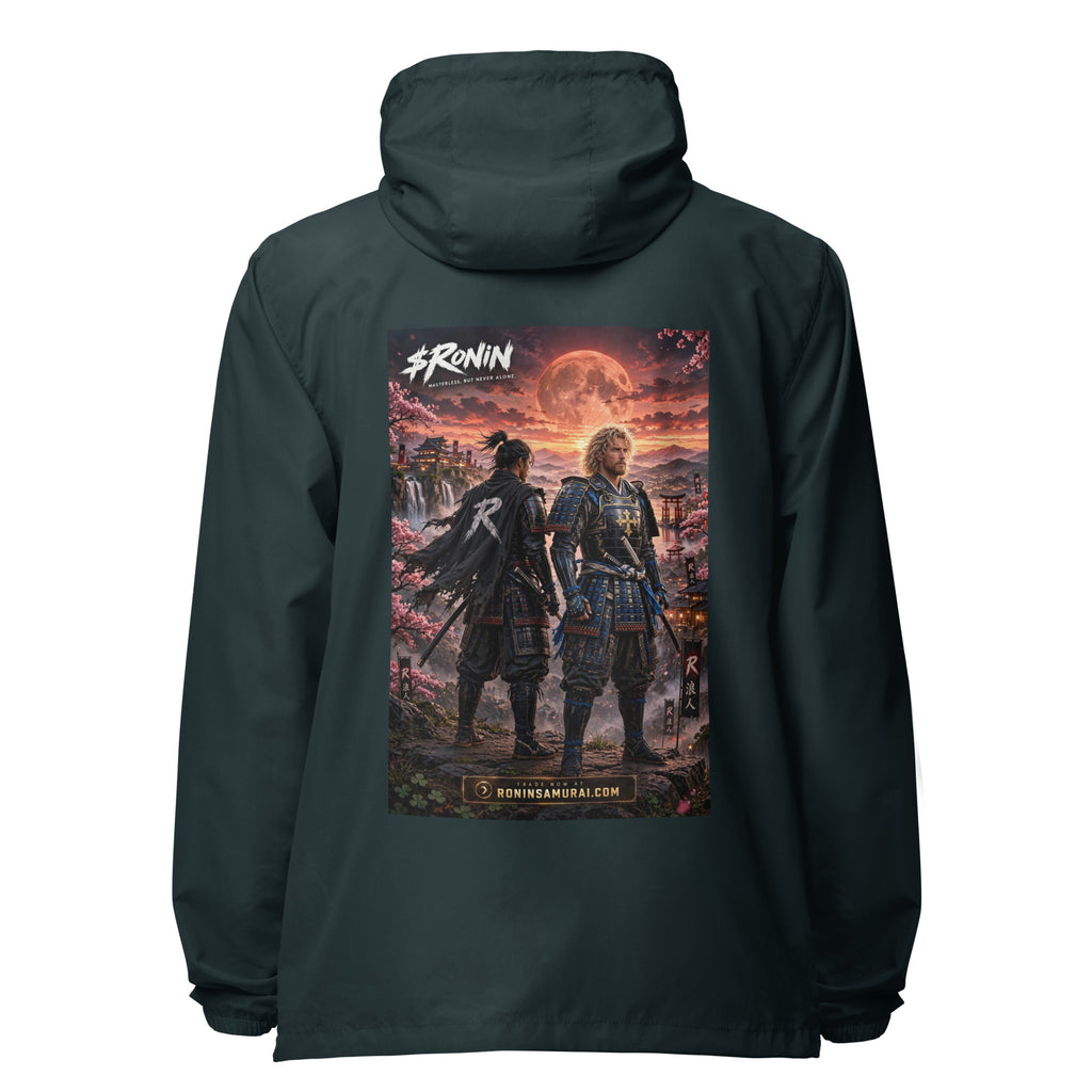 Sworn Brothers Ronin Windbreaker, classic navy back: two warriors, a dark-haired ronin and a golden-haired samurai in blue armor, under a blood-red moon with a white $RONIN