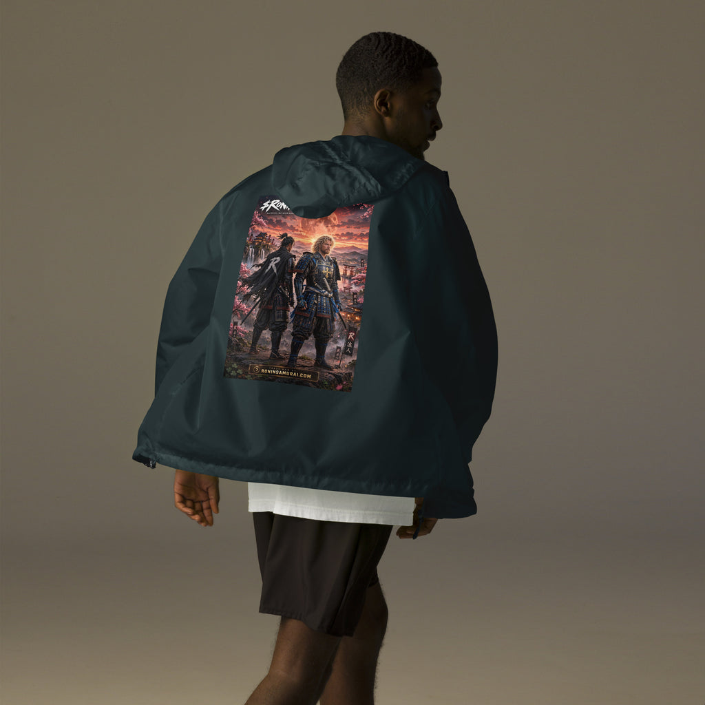 Sworn Brothers Ronin Windbreaker, classic navy back: two warriors, a dark-haired ronin and a golden-haired samurai in blue armor, under a blood-red moon with a white $RONIN