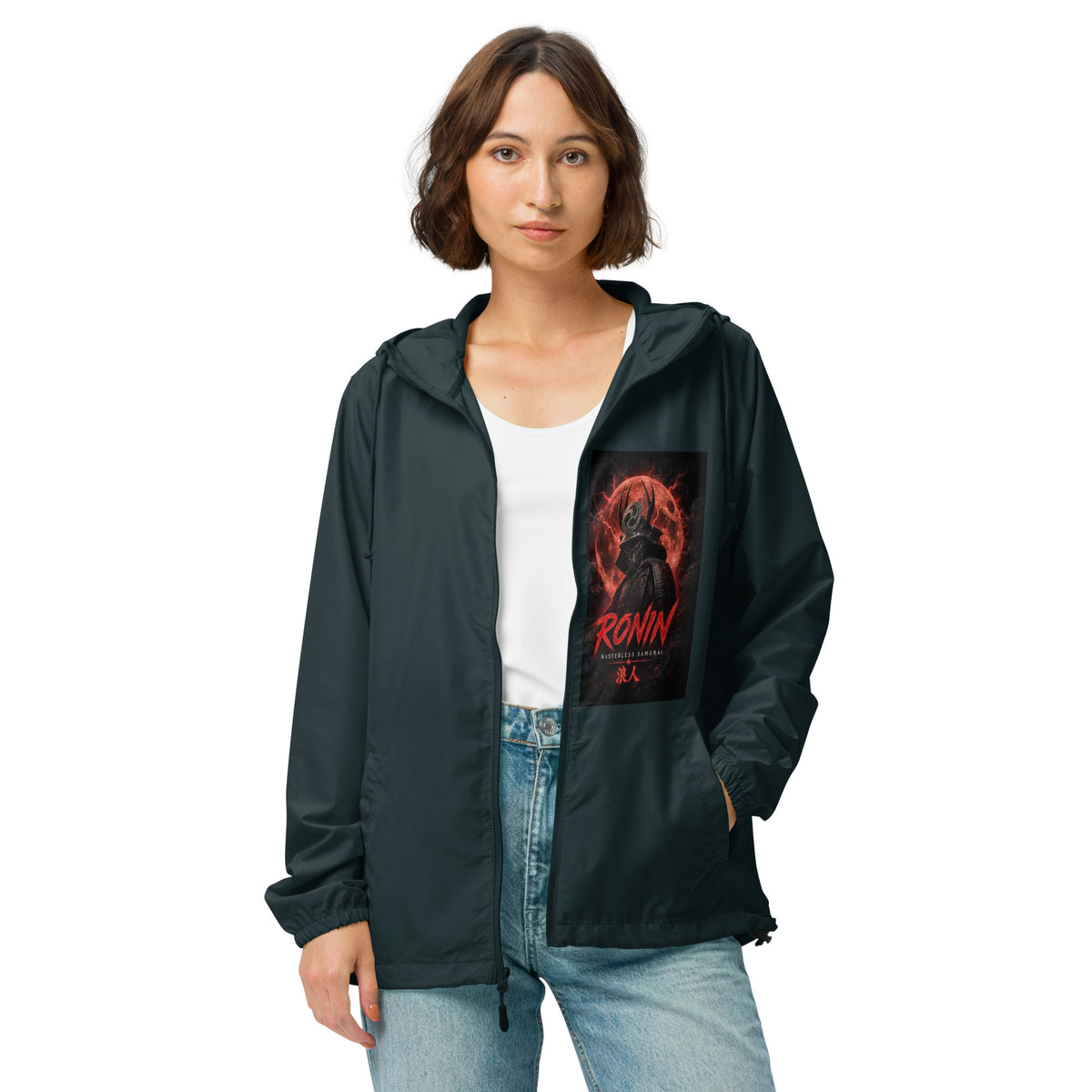 Warlord's Brew Windbreaker, classic navy front: Blood Moon RONIN samurai art on the left chest